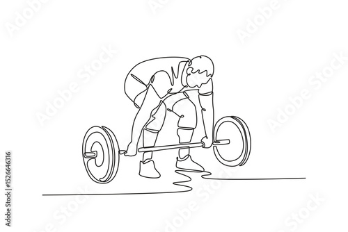 Single continuous line drawing sporty man bodybuilder or powerlifter exercising deadlift with barbell on cross training in a gym. Fitness exercising. One line draw graphic design vector illustration