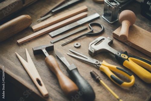 Various implements of carpenter on wooden desk
