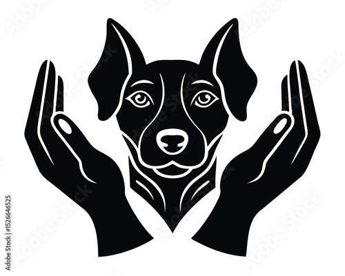 Dog head in hands animal protection and care concept black and white