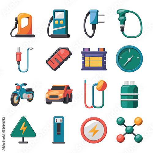 vector icons to vehicle fueling and charging a gasoline pump, an electric vehicle plug hydrogen mole