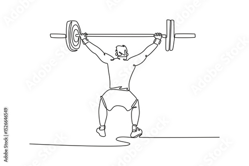 Single continuous line drawing back view sporty man performing overhead squats with a heavy barbell at gym. Active lifestyle weightlifting bodybuilder. One line draw graphic design vector illustration