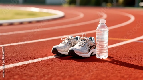 Running shoes and a water bottle rest on the red track, ready for the next lap