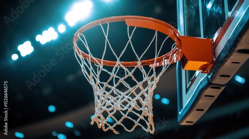 Close-up of basketball hoop and net.  Bright lights