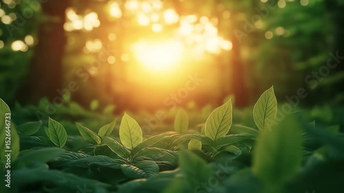 Sunlit Canopy: Sunlight streams through a forest canopy, illuminating the lush green undergrowth with a warm, inviting glow. This scene is a celebration of nature's beauty, and serenity