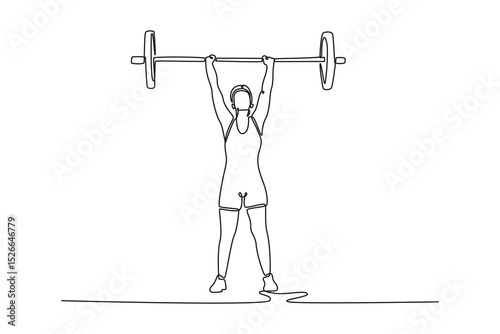 Single continuous line drawing front view male athlete in sportswear doing clean and jerk exercise with heavy barbells during training in gym. Dynamic one line draw graphic design vector illustration