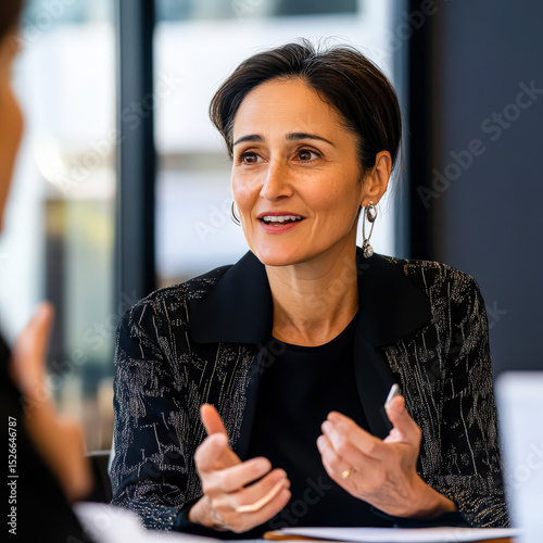Woman is talking to someone in a black jacket