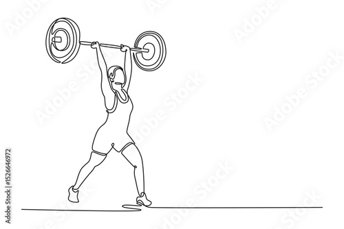 Single one line drawing attractive female athlete in sportswear doing clean and jerk exercise with barbell during cross training in gym. Modern continuous line draw design graphic vector illustration
