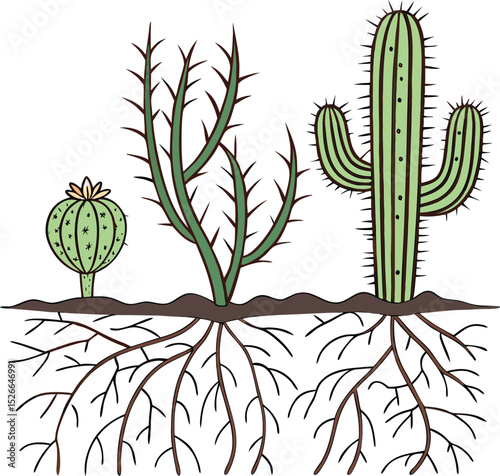 Desert cactus plants with roots illustration