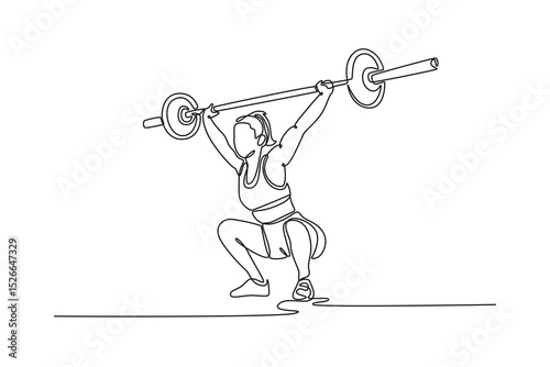 Single continuous line drawing muscular female athlete doing snatch exercise with heavy barbells during intense weightlifting workout at gym. Dynamic one line draw graphic design vector illustration