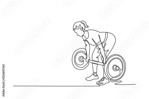 Single continuous line drawing attractive female weightlifter doing deadlift barbell at a gym. Fitness, strength, training, workout, vitality, performance. One line graphic design vector illustration