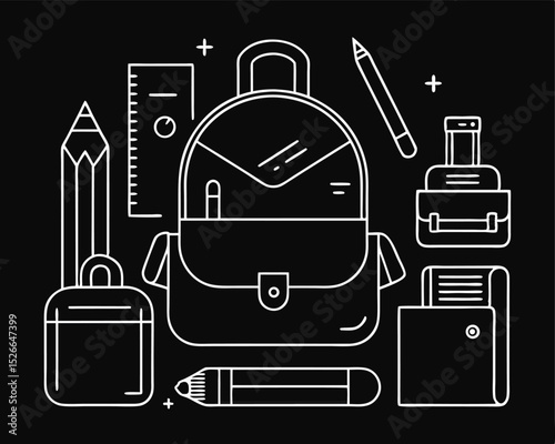 Back to school supplies in line art style on black background