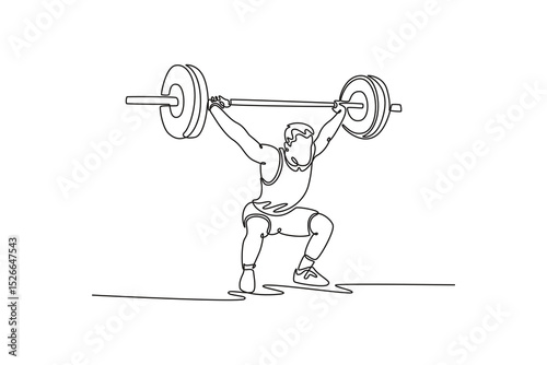Single continuous line drawing athletic man training squats with barbell over head. Fitness, training, workout, vitality, performance, muscle strength. One line draw graphic design vector illustration
