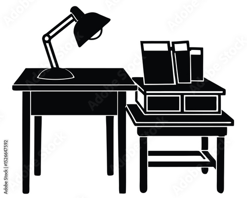 Black and White Illustration of a Desk Lamp and Books
