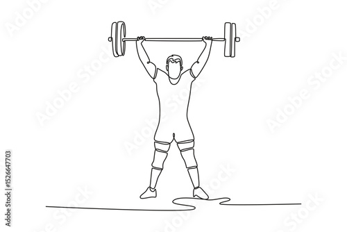 Single one line drawing strong young man lifting barbells at gym. Fit bodybuilder doing barbell weight lifting training workout with heavy bar. Continuous line draw design graphic vector illustration