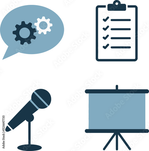 Idea sharing icon pack. Microphone speech, agenda checklist, whiteboard board and group communication tools  