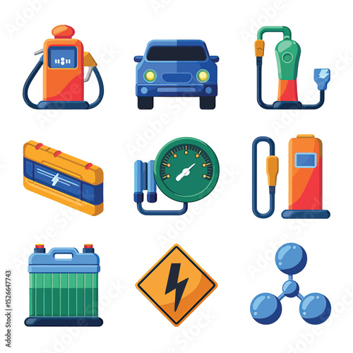 vector icons to vehicle fueling and charging a gasoline pump, an electric vehicle plug hydrogen mole
