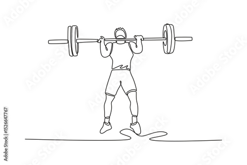 Single one line drawing front view fit man lifting barbell working out at gym. Sport, fitness, weightlifting, bodybuilding, training, exercises. Continuous line draw design graphic vector illustration
