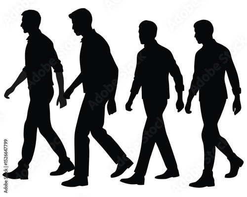 Four Men Walking Silhouette in a Row on White Background