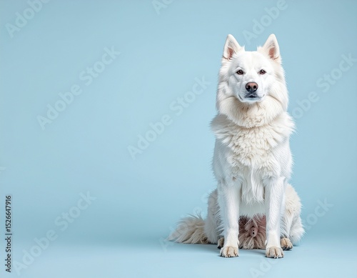 Majestic White Shepherd Portrait: A striking full shot of a pure white shepherd sitting against a light blue backdrop, showcasing its fluffy coat, attentive gaze, and dignified presence.