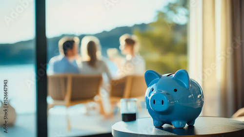 Blue piggy bank sits on a table in front of a window