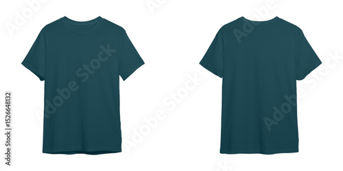 Front and Back View of Plain Dark Teal Blue T-Shirt Mockup Isolated on White Background