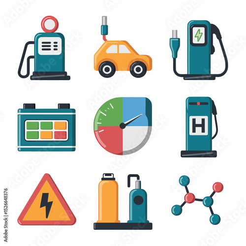 vector icons to vehicle fueling and charging a gasoline pump, an electric vehicle plug hydrogen mole