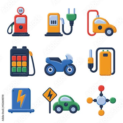vector icons to vehicle fueling and charging a gasoline pump, an electric vehicle plug hydrogen mole