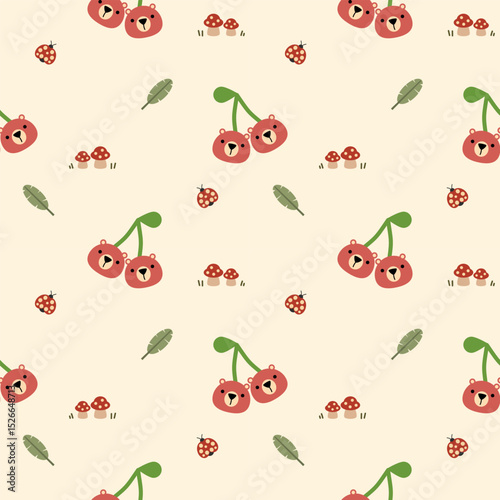 Face bear cherry cartoon so cute. On mushrooms ladybug leaf background. Pattern seamless vector illustration. 