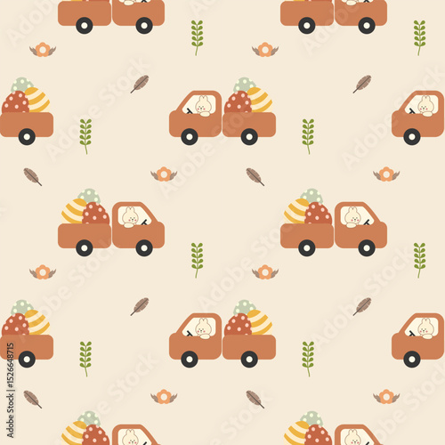 Rabbit drive truck egg cartoon so cute. On flower leaf background. Pattern seamless vector illustration. 