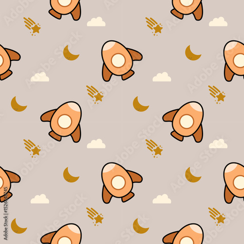 Rocket yellow cartoon so cute. On star moon cloud background. Pattern seamless vector illustration. 
