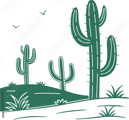 Simple green cactus desert landscape illustration
