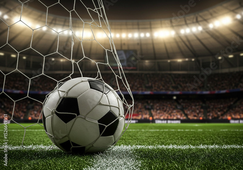 Soccer Ball in Goal Net at Night Stadium Game Action