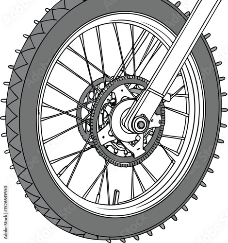 Detailed illustration of a motorcycle rear wheel with sprocket and chain