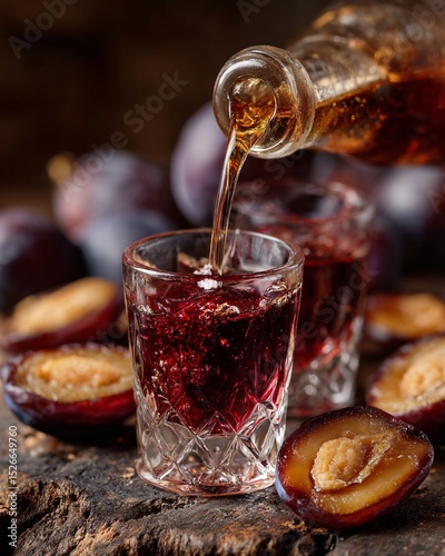 Intimate Pour of Slivovitz into a Crystal Glass Next to Dried Plums
