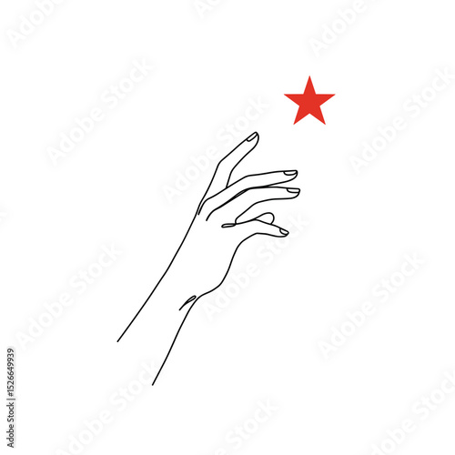 Hand reaching towards a red star in minimalist line art style, suitable for printing postcards, gift products, manicurists, flyers, gift certificates, packaging