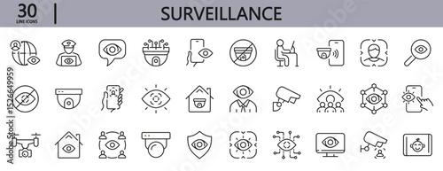 Surveillance line icons set with CCTV, Security, Camera, Face, Detection, Recognition, Identity and more. Editable Stroke