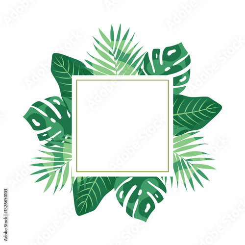 Square botanical frame with tropical leaves. Green jungle wreath for invitation, wedding, branding. Vector isolated