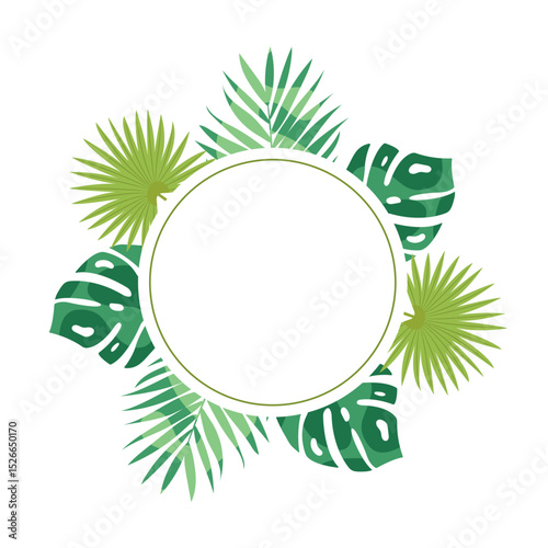 Tropical round frame with green leaves. Botanical circle wreath for invitation, wedding, branding