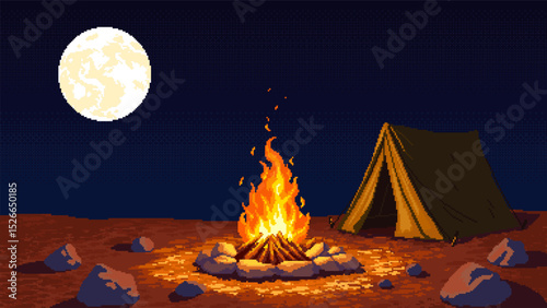 Pixel art illustration of a tent and campfire glowing surrounded by rocks under a full moon in a wide open desert at night.