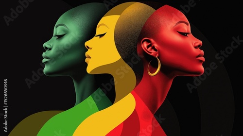 Minimalist vector illustration featuring three African women in vibrant colors representing unity and strength
