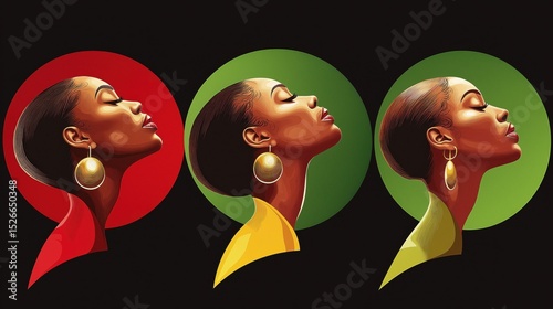 Elevated profiles of three African women in minimalist vector art showcasing diverse beauty and cultural elements