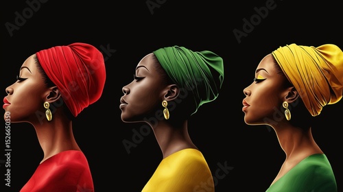 Minimalist vector illustration featuring three African women in vibrant headwraps showcasing cultural diversity and unity