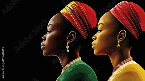 Minimalist vector illustration featuring three African women in profile view with vibrant head wraps