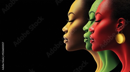 Minimalist vector illustration showcasing three African women representing unity and diversity in vibrant colors