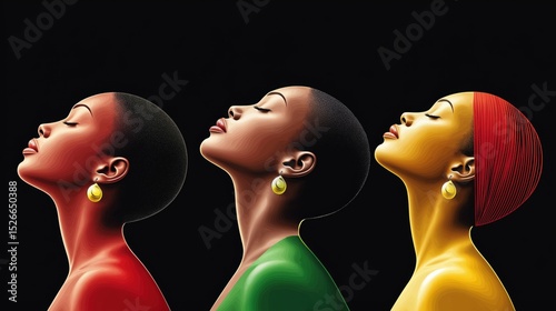 Minimalist vector illustration depicting three African women showcasing cultural pride with vibrant colors