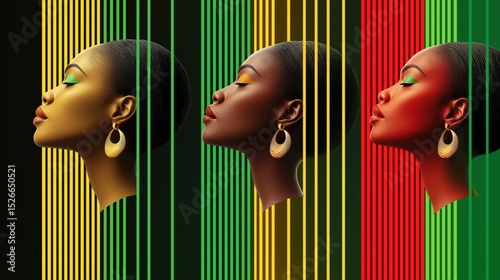 Minimalist vector illustration featuring the profiles of three African women in vibrant colors and patterns
