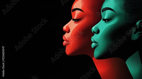 Minimalist vector illustration featuring two African women in profile with contrasting colors and styles