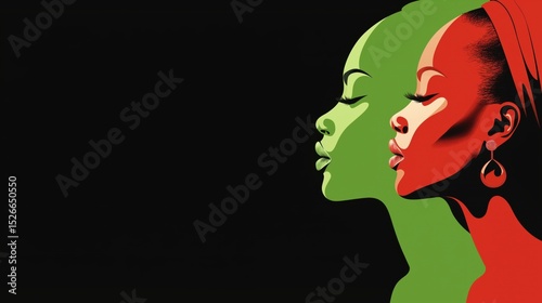 Minimalist vector illustration showcasing two beautiful African women in profile with contrasting colors