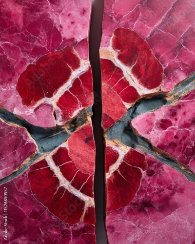 Rosso Levanto red marble slab with symmetrical floral-like crack pattern
