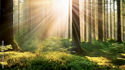 Sun-Dappled Forest: Witness the mesmerizing embrace of nature's radiant artistry as sunlight streams through the dense canopy of a tranquil forest, illuminating the lush undergrowth.